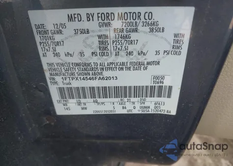 2006 Ford F-150 Fx4/Lariat/Xl/Xlt z USA, uszkodzony, nr VIN 1FTPX14546FA62013